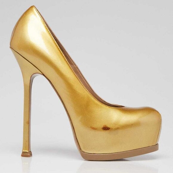Yves Saint Laurent Gold Patent Leather Tribtoo Platform Pumps Size 5.5/36 - Picture 2 of 5